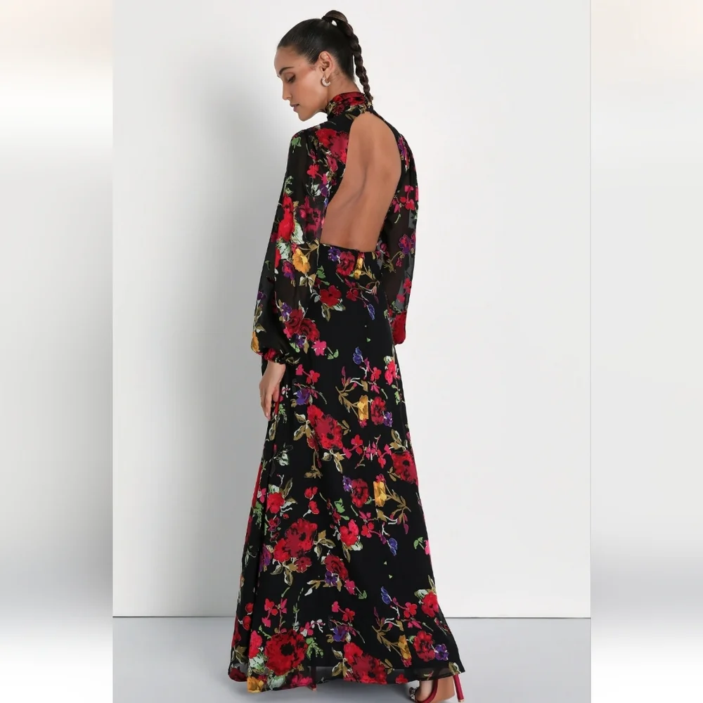 Graceful Arrival Black Floral Burnout Backless Maxi Dress by Lulus - Picture 2 of 7